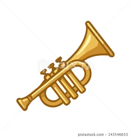 A shiny golden trumpet, a brass wind instrument, depicted as a simple icon on a white background. A shiny golden trumpet, a brass wind instrument, depicted as a simple icon on a white background. 143546633