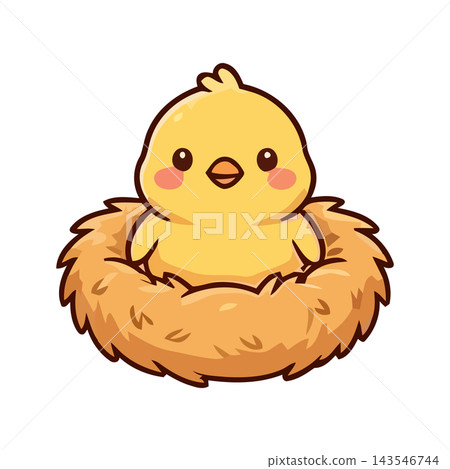 A charming cartoon illustration of a fluffy yellow chick nestled comfortably in a straw bird's nest, symbolizing new life and spring. A charming cartoon illustration of a fluffy yellow chick nestled comfortably in a straw bird's nest, symbolizing new life and spring. 143546744