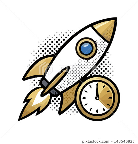Stylized rocket launching with a clock, symbolizing speed, time, startup, and growth. Stylized rocket launching with a clock, symbolizing speed, time, startup, and growth. 143546925