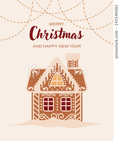 Festive Christmas and New Year card with cute gingerbread house and garlands. Christmas illustration. Festive Christmas and New Year card with cute gingerbread house and garlands. Christmas illustration. 143546992