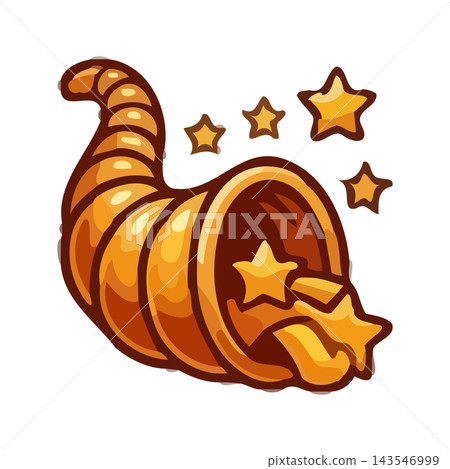 A stylized golden cornucopia spilling out bright yellow stars, representing luck, success, and prosperity. A stylized golden cornucopia spilling out bright yellow stars, representing luck, success, and prosperity. 143546999