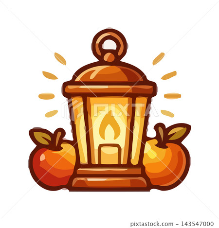 Charming illustration of a glowing lantern surrounded by fresh, ripe apples, evoking cozy autumn feelings. 143547000
