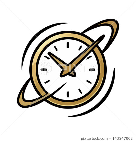 Stylized golden clock with orbiting rings, symbolizing time, speed, and space. Modern icon graphic. Stylized golden clock with orbiting rings, symbolizing time, speed, and space. Modern icon graphic. 143547002