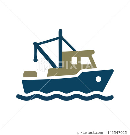 Stylized vector illustration of a fishing boat navigating blue waves, representing the marine industry. Stylized vector illustration of a fishing boat navigating blue waves, representing the marine industry. 143547025
