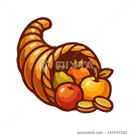 A vibrant cornucopia filled with apples, pears, and golden coins, representing harvest and prosperity. A vibrant cornucopia filled with apples, pears, and golden coins, representing harvest and prosperity. 143547282