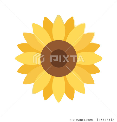 A cheerful, flat design icon of a sunflower with bright yellow petals and a brown center, isolated on a white background. A cheerful, flat design icon of a sunflower with bright yellow petals and a brown center, isolated on a white background. 143547312
