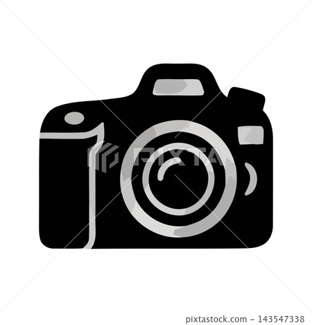 Stylized black camera icon with silver accents, representing photography, creativity, and visual media. Stylized black camera icon with silver accents, representing photography, creativity, and visual media. 143547338