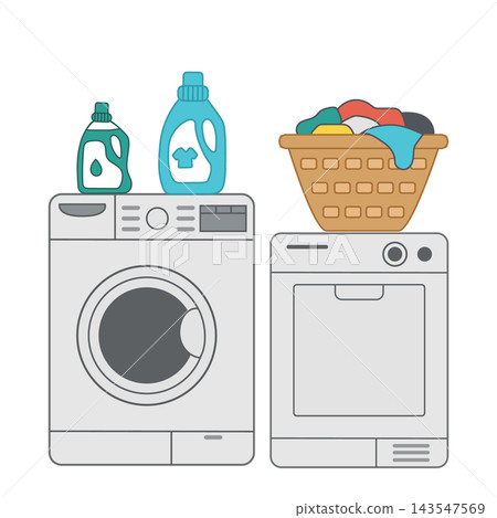 A full laundry machine and dryer set with detergent and basket A full laundry machine and dryer set with detergent and basket 143547569