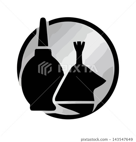 Stylized black and white graphic icons of various bottles, vials, and droppers within a circular frame. Stylized black and white graphic icons of various bottles, vials, and droppers within a circular frame. 143547649