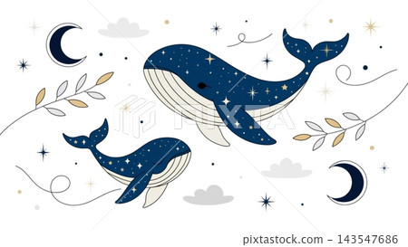 whales swimming through a dreamy night sky filled with watercolor clouds whales swimming through a dreamy night sky filled with watercolor clouds 143547686