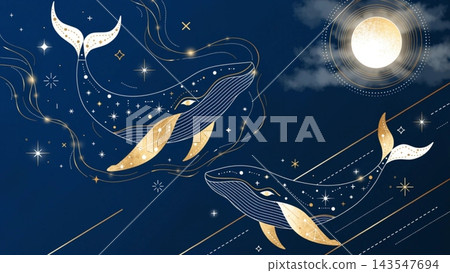 whales swimming through a dreamy night sky filled with watercolor clouds 143547694