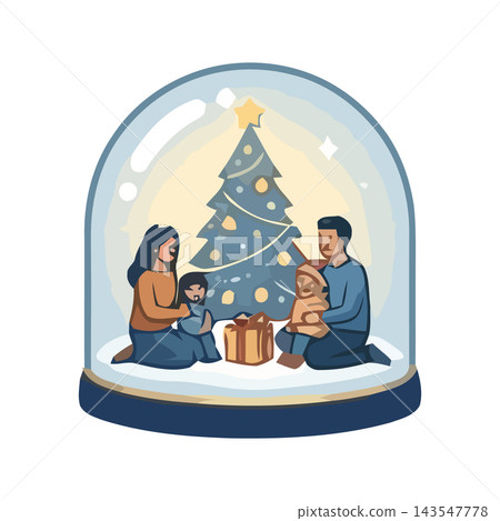 A happy family enjoys a festive Christmas scene inside a snow globe, featuring a decorated tree and presents. 143547778