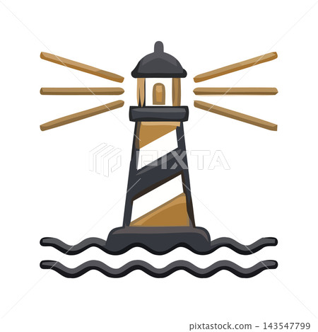 Stylized lighthouse with radiating beams of light standing on wavy ocean water. Stylized lighthouse with radiating beams of light standing on wavy ocean water. 143547799