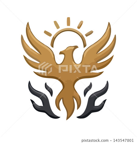 Symbolic image of a golden phoenix emerging from dark flames, with a radiant sun overhead. Represents rebirth, hope, and power. Symbolic image of a golden phoenix emerging from dark flames, with a radiant sun overhead. Represents rebirth, hope, and power. 143547801
