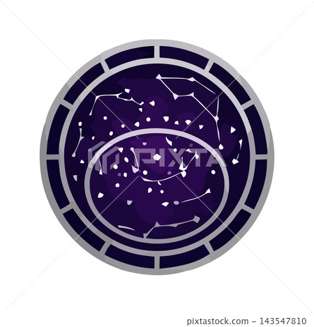 A circular emblem featuring a stylized representation of constellations and stars against a deep purple cosmic background. A circular emblem featuring a stylized representation of constellations and stars against a deep purple cosmic background. 143547810