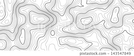Map mountain line with topography contour texture for vector background pattern. Topographic wood terrain with trail topo abstract for sea cartography land. Ocean relief illustration. 143547849