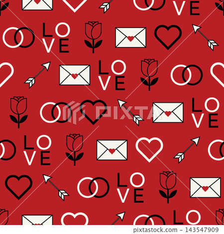 Abstract geometric love's symbol seamless pattern on red background modern retro style square template. Abstract geometric love's symbol seamless pattern on red background modern retro style square template. 143547909