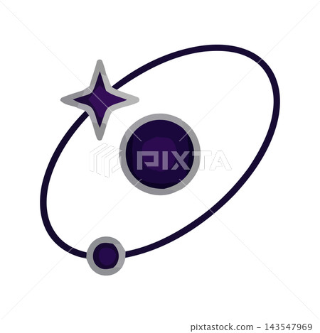 A stylized depiction of celestial bodies orbiting in the vastness of space, featuring a planet, moon, and star. 143547969