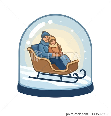 Charming illustration of a couple in a sleigh inside a snow globe, perfect for winter and holiday themes. Charming illustration of a couple in a sleigh inside a snow globe, perfect for winter and holiday themes. 143547995