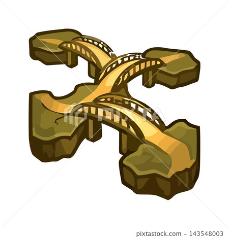 Stylized fantasy bridge connecting rocky islands, ancient path, medieval crossing, cartoon style. 143548003