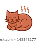 A charming illustration of a relaxed ginger cat curled up and sleeping, with gentle steam indicating warmth. 143548177
