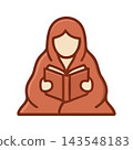 Illustration of a person wrapped in a warm blanket, engrossed in reading a book. Symbolizes comfort, knowledge, and leisure. 143548183