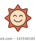 A charming, hand-drawn style sun icon with a cheerful smiling face and radiating rays. 143548185