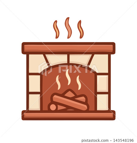 Stylized illustration of a warm, inviting fireplace with glowing embers and rising smoke, perfect for cozy home themes. 143548196