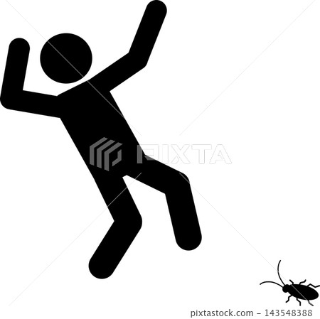 Pictogram of a person startled by a cockroach, black silhouette, transparent background. Pictogram of a person startled by a cockroach, black silhouette, transparent background. 143548388
