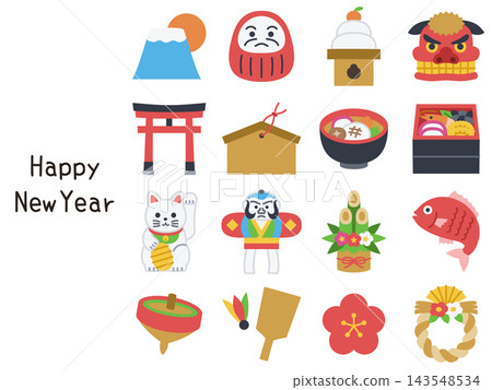 New Year's Day Illustration Icon Set (Color Only) (Cute, Simple, Vector) New Year's Day Illustration Icon Set (Color Only) (Cute, Simple, Vector) 143548534