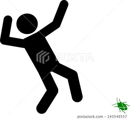 Pictogram of a person startled by a stink bug; black silhouette, transparent background. Pictogram of a person startled by a stink bug; black silhouette, transparent background. 143548557