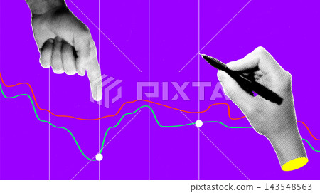 Retro Collage Illustration of Hands Analyzing Financial Data Trend Lines with Halftone Texture on Purple Retro Collage Illustration of Hands Analyzing Financial Data Trend Lines with Halftone Texture on Purple 143548563