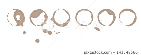 Set of Coffee Cup Ring Stains and Splashes with Brown Mug Marks and Drips Isolated on White Set of Coffee Cup Ring Stains and Splashes with Brown Mug Marks and Drips Isolated on White 143548566
