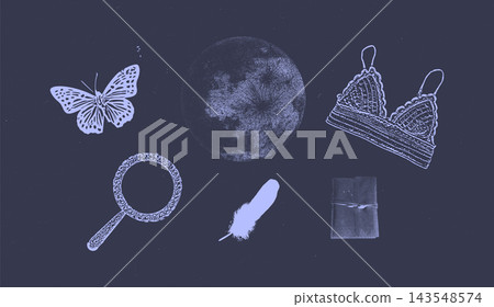 Mysterious Night Themed Vector Illustration Set with Butterfly, Moon, Lace Lingerie, Magnifying Glass, Feather and Tied Journal in Vintage Style Mysterious Night Themed Vector Illustration Set with Butterfly, Moon, Lace Lingerie, Magnifying Glass, Feather and Tied Journal in Vintage Style 143548574