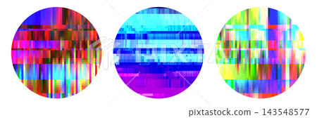 Abstract Circles with Pixelated Glitch Effect and Vibrant Digital Distortion Texture on White Background, Futuristic Vaporwave Vector 143548577