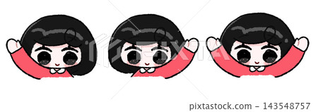 A set of three hand-drawn illustrations of a black-haired girl in different poses with her arms raised. A set of three hand-drawn illustrations of a black-haired girl in different poses with her arms raised. 143548757
