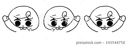 A set of three hand-drawn line art illustrations of a black-haired girl in different poses with her arms raised. A set of three hand-drawn line art illustrations of a black-haired girl in different poses with her arms raised. 143548758