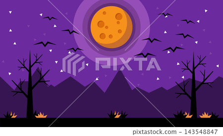 Spooky Halloween Night Landscape Background with Full Moon, Dead Trees, and Bat Silhouettes for Seasonal Party Poster	 143548847