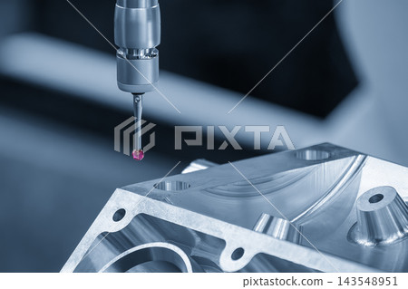 Quality control process by CMM touching probe measuring aluminum automotive parts in a blue tone scene Quality control process by CMM touching probe measuring aluminum automotive parts in a blue tone scene 143548951