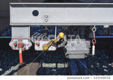 Train brake control levers and mechanisms on a railway wagon chassis Train brake control levers and mechanisms on a railway wagon chassis 143549038