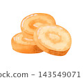 Round carrot slices watercolor illustration in bright orange colors isolated on a white background. Hand drawn raw vegetable clip art for vegetarian and vegan designs 143549071