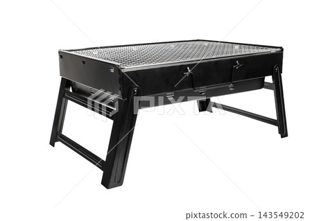 Portable charcoal grill with folding legs on white background Portable charcoal grill with folding legs on white background 143549202
