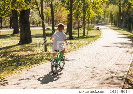 Child riding bicycle on sunny park path Child riding bicycle on sunny park path 143549614