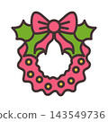 Decorative holiday wreath with bow and holly in flat colorful illustration style 143549736