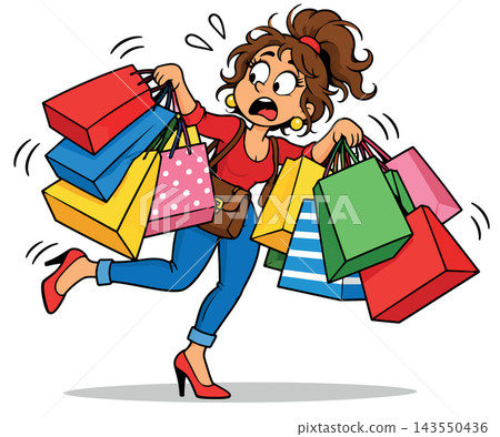 Vsai woman struggling carrying many shopping bags stress 143550436
