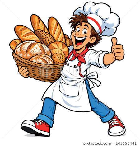 Vsai happy baker chef holding bread basket giving thumbs up Vsai happy baker chef holding bread basket giving thumbs up 143550441