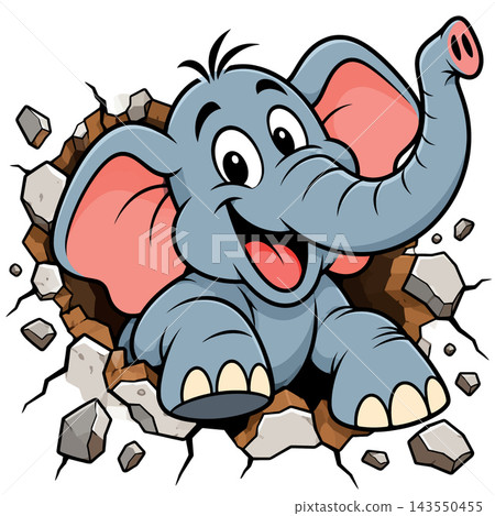 Vsai happy baby elephant breaking through a wall 143550455