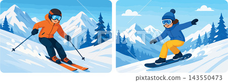 Vsai people enjoying winter sports skiing and snowboarding on mountain slopes Vsai people enjoying winter sports skiing and snowboarding on mountain slopes 143550473