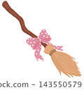 A cute cartoon witch broom decorated with a pink ribbon featuring white polka dots. 143550579