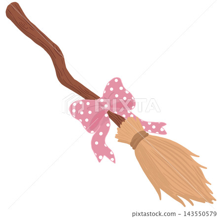 A cute cartoon witch broom decorated with a pink ribbon featuring white polka dots. A cute cartoon witch broom decorated with a pink ribbon featuring white polka dots. 143550579